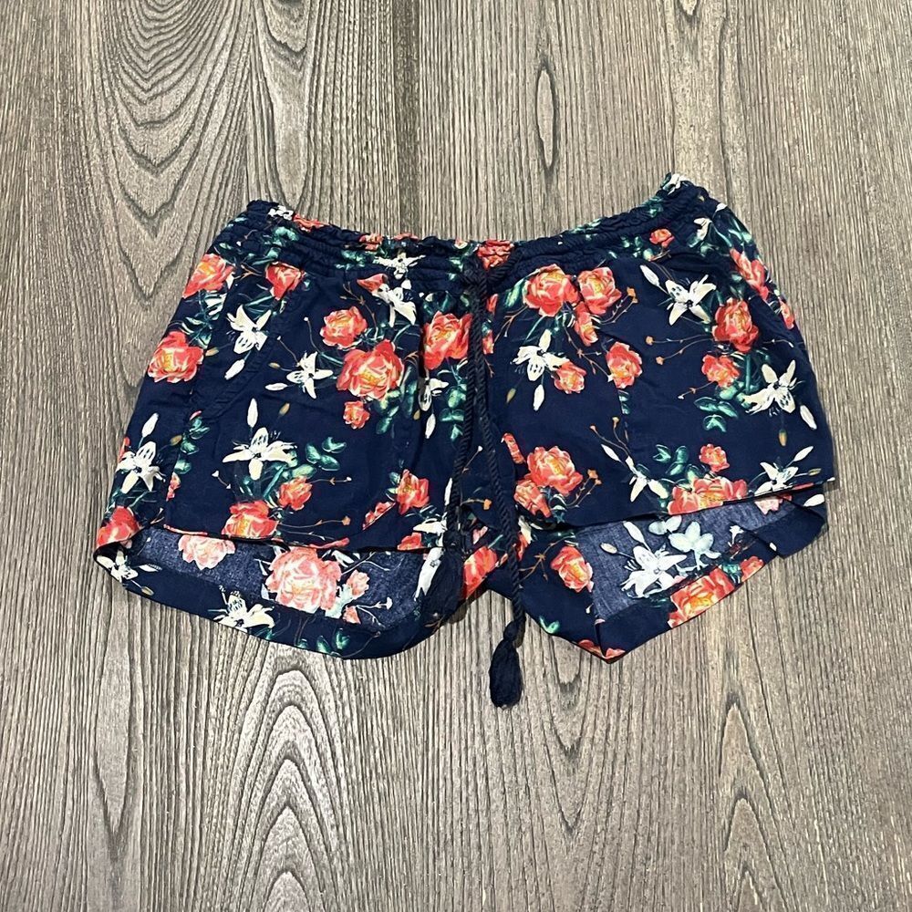 Roxy Shorts Floral Drawstring Waist Viscose Navy Red White Large